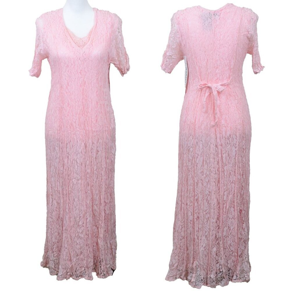 Vintage Starina 90s Pink Lace Sheer Chiffon Rayon Midi Dress Size LG
